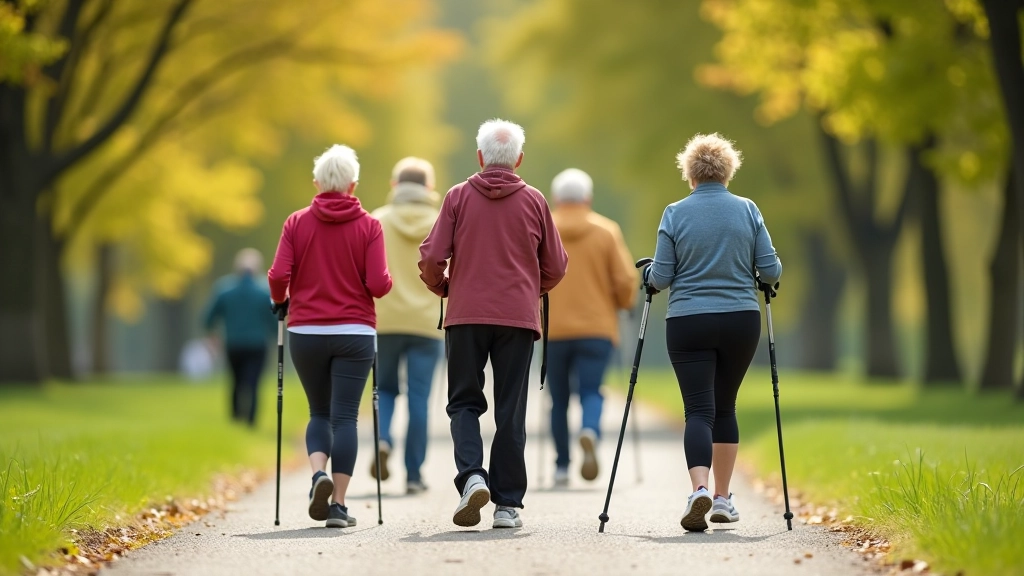 Grupė seniorų šiaurietiško ėjimo klube bendro ėjimo metu gatvėje
