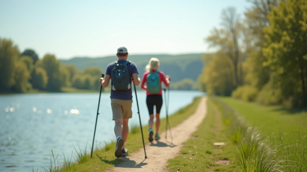 Šiaurietiško ėjimo grupė sustoja prie ežero arba upės, žiūrėdama į peizažą